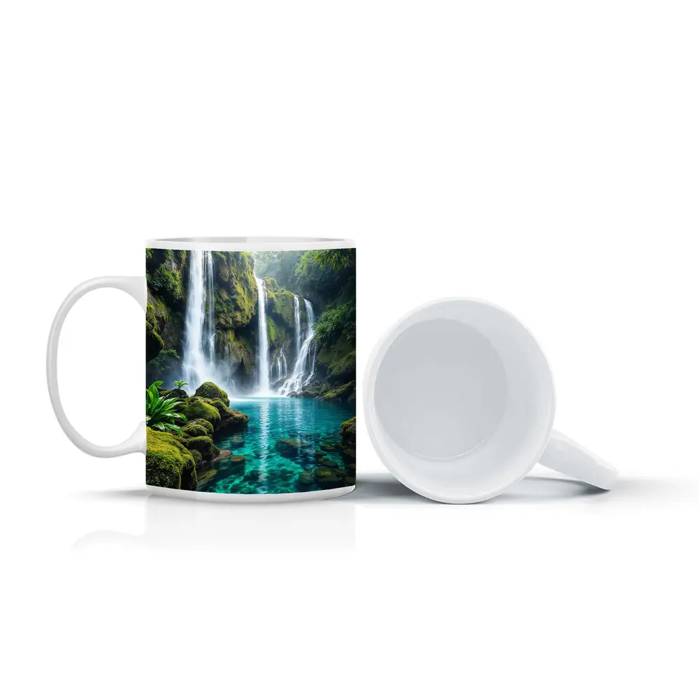 Tropical Waterfall Flowing Into Turquoise Pool – Mugs