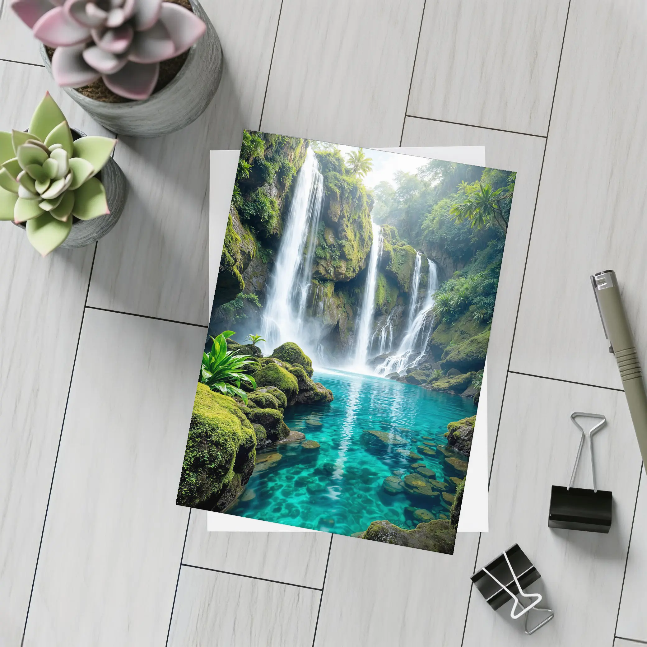 Tropical Waterfall Flowing Into Turquoise Pool – Postcards