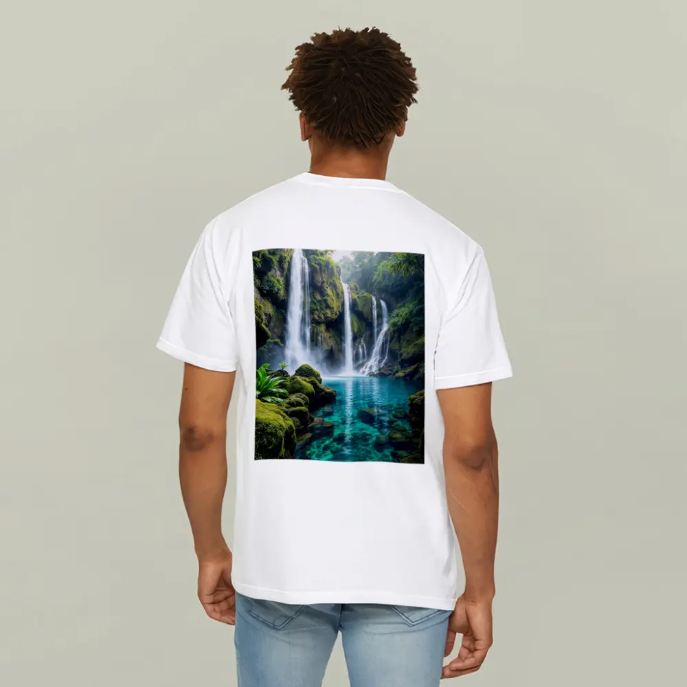 Tropical Waterfall Flowing Into Turquoise Pool – T-Shirts