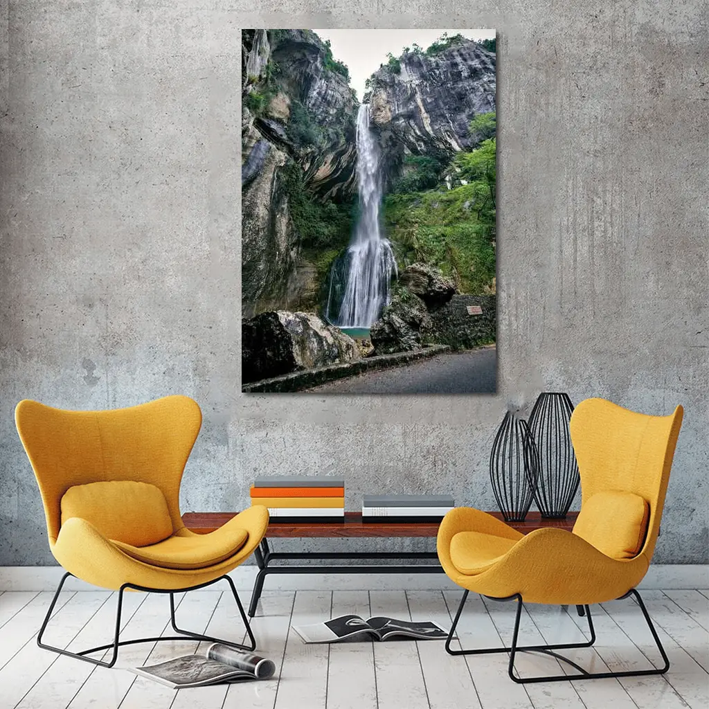 Tall Waterfall Cascading Down Rocky Cliffs – Wall Art
