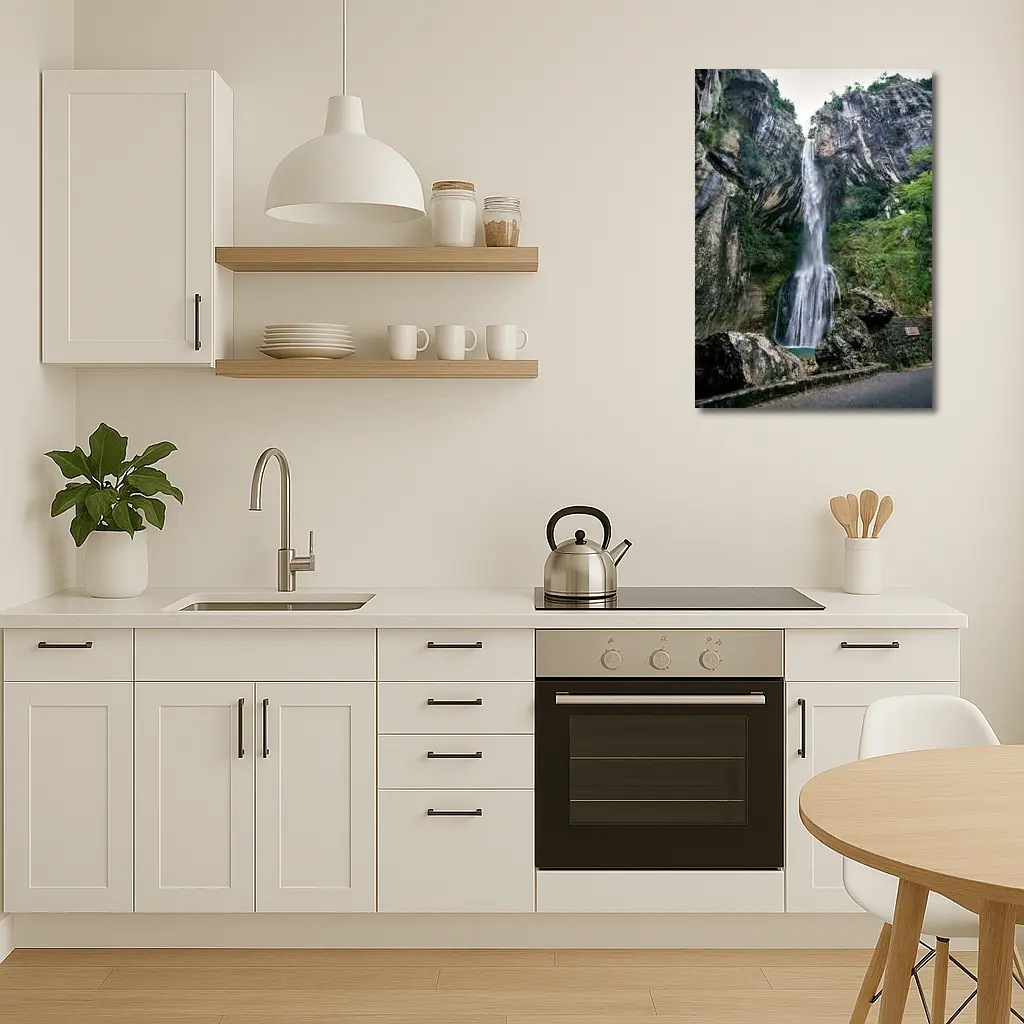 Tall Waterfall Cascading Down Rocky Cliffs – Wall Art