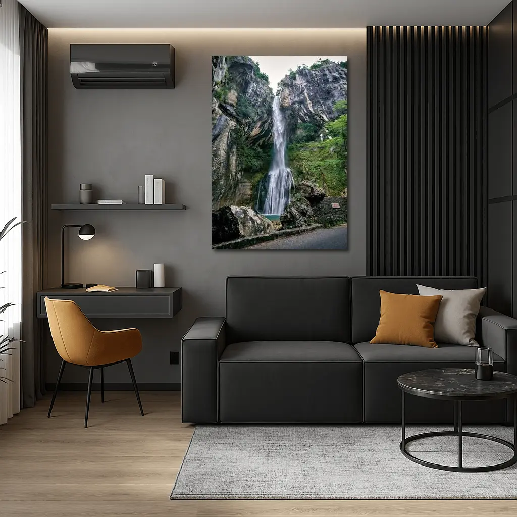 Tall Waterfall Cascading Down Rocky Cliffs – Wall Art