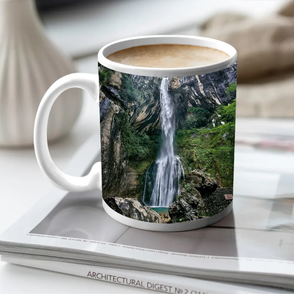 Tall Waterfall Cascading Down Rocky Cliffs – Mugs
