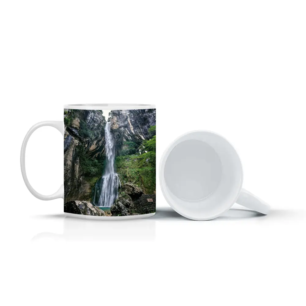 Tall Waterfall Cascading Down Rocky Cliffs – Mugs
