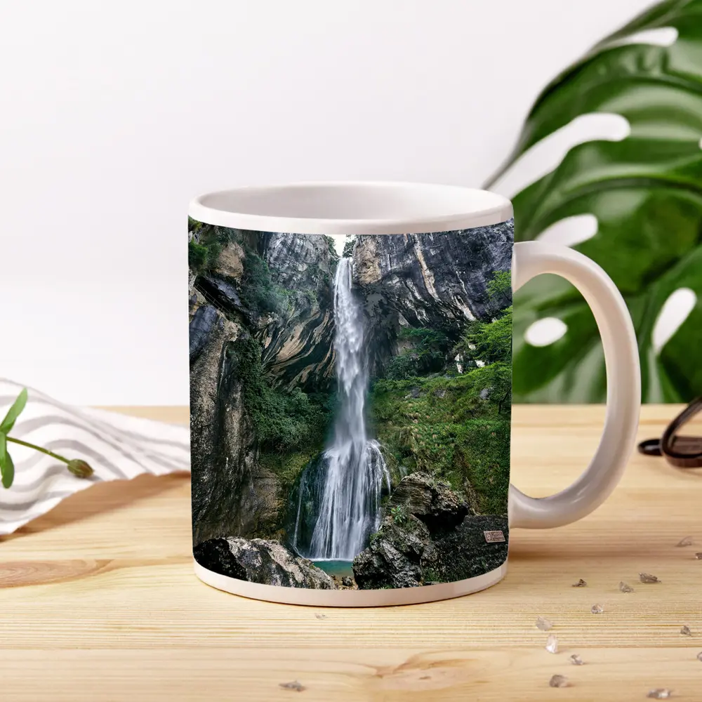Tall Waterfall Cascading Down Rocky Cliffs – Mugs
