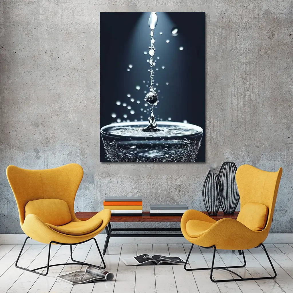 Water Drops Falling Into Glass Dark Background – Wall Art