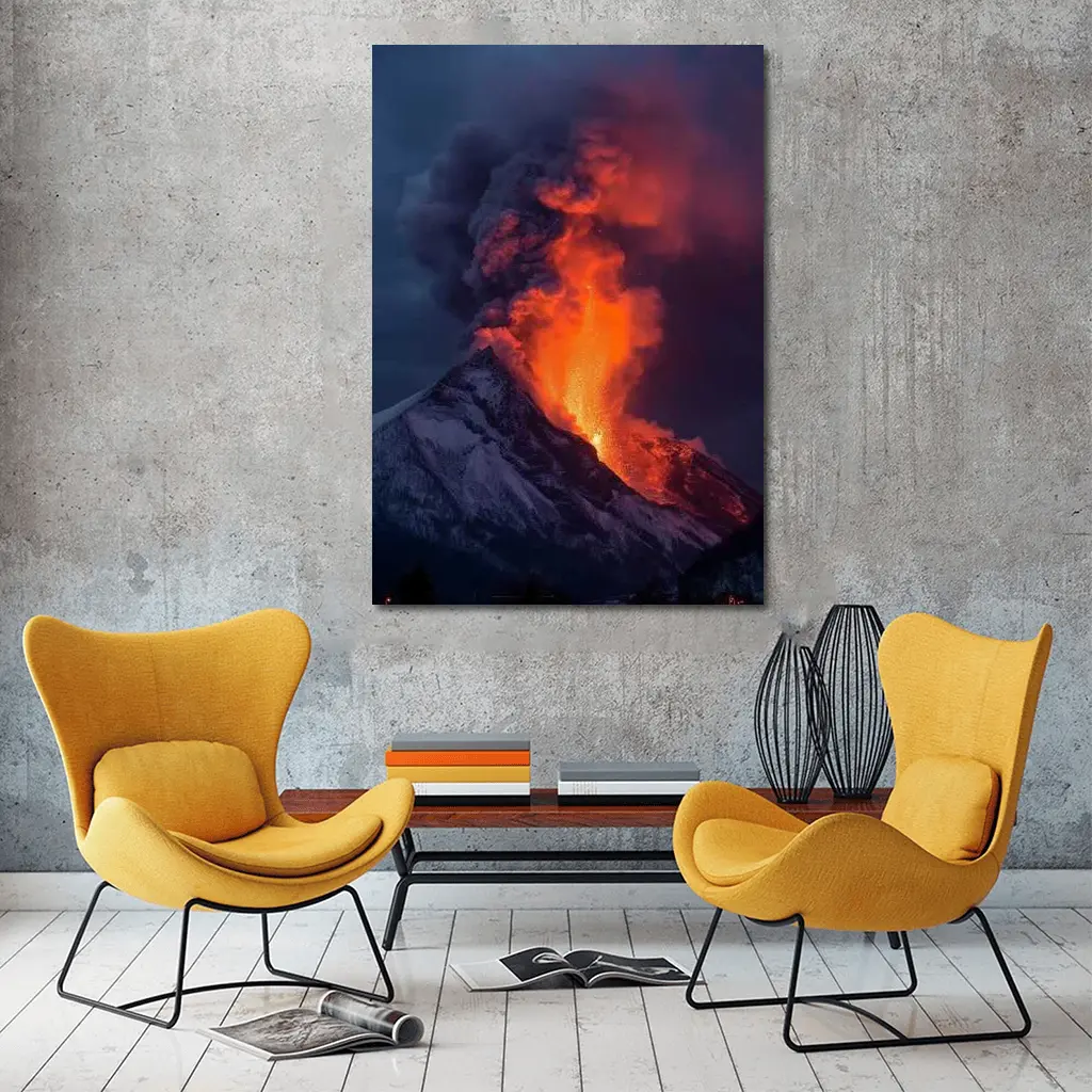 Erupting Volcano Lava Glowing Dark Sky – Wall Art