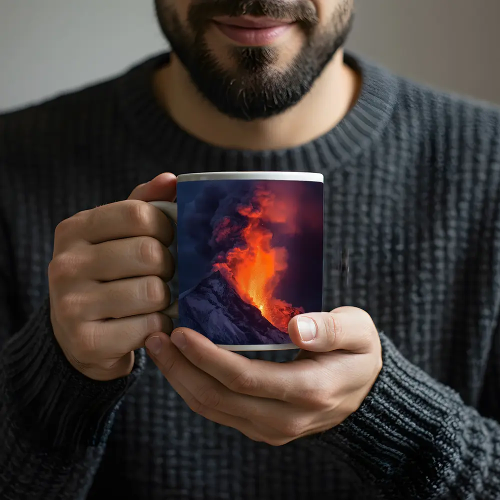 Erupting Volcano Lava Glowing Dark Sky – Mugs