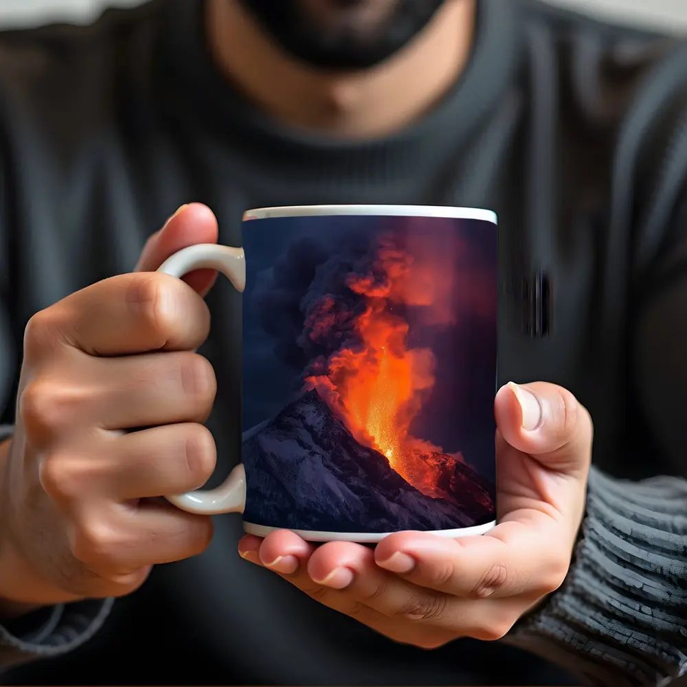 Erupting Volcano Lava Glowing Dark Sky – Mugs
