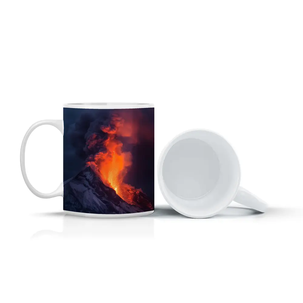 Erupting Volcano Lava Glowing Dark Sky – Mugs
