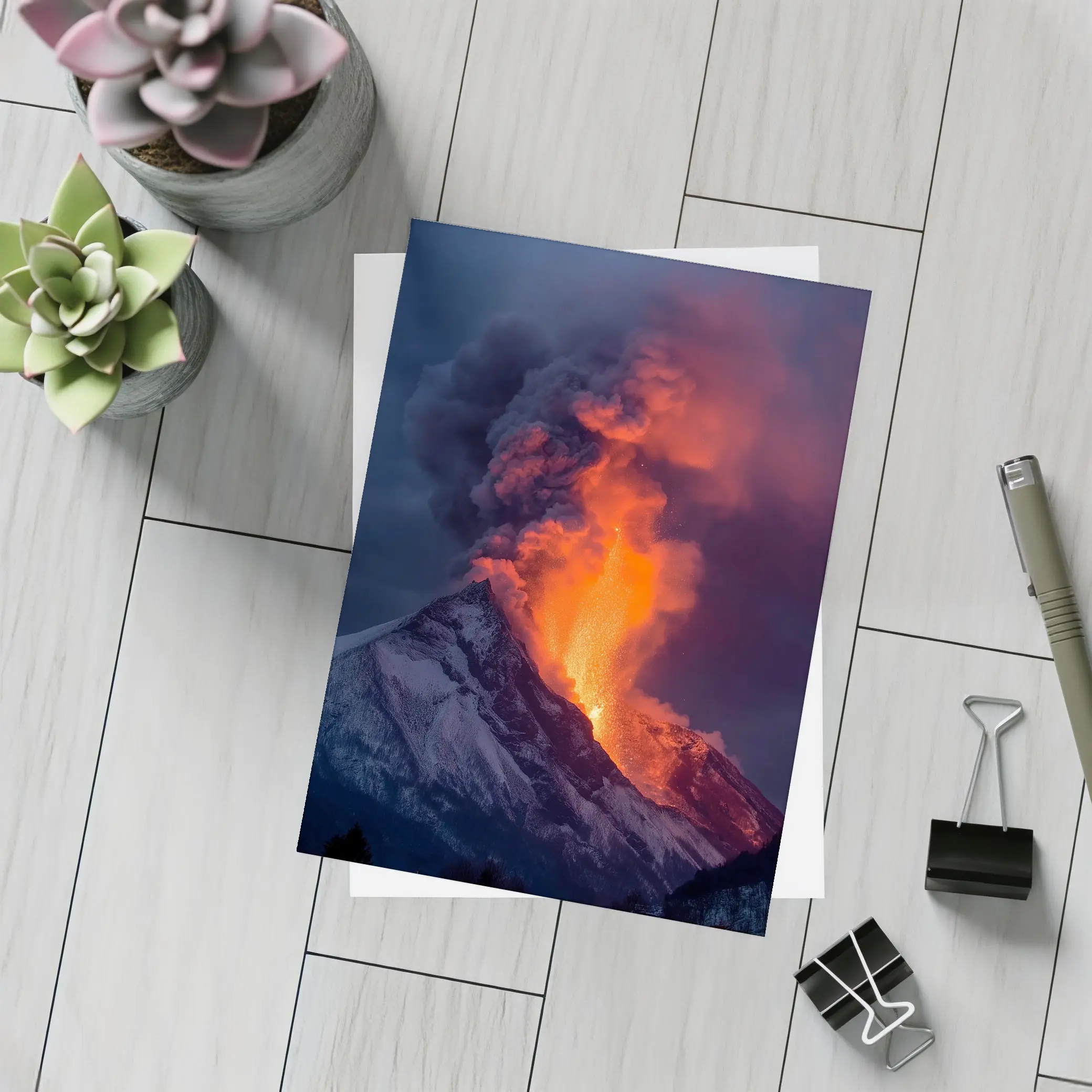 Erupting Volcano Lava Glowing Dark Sky – Postcards