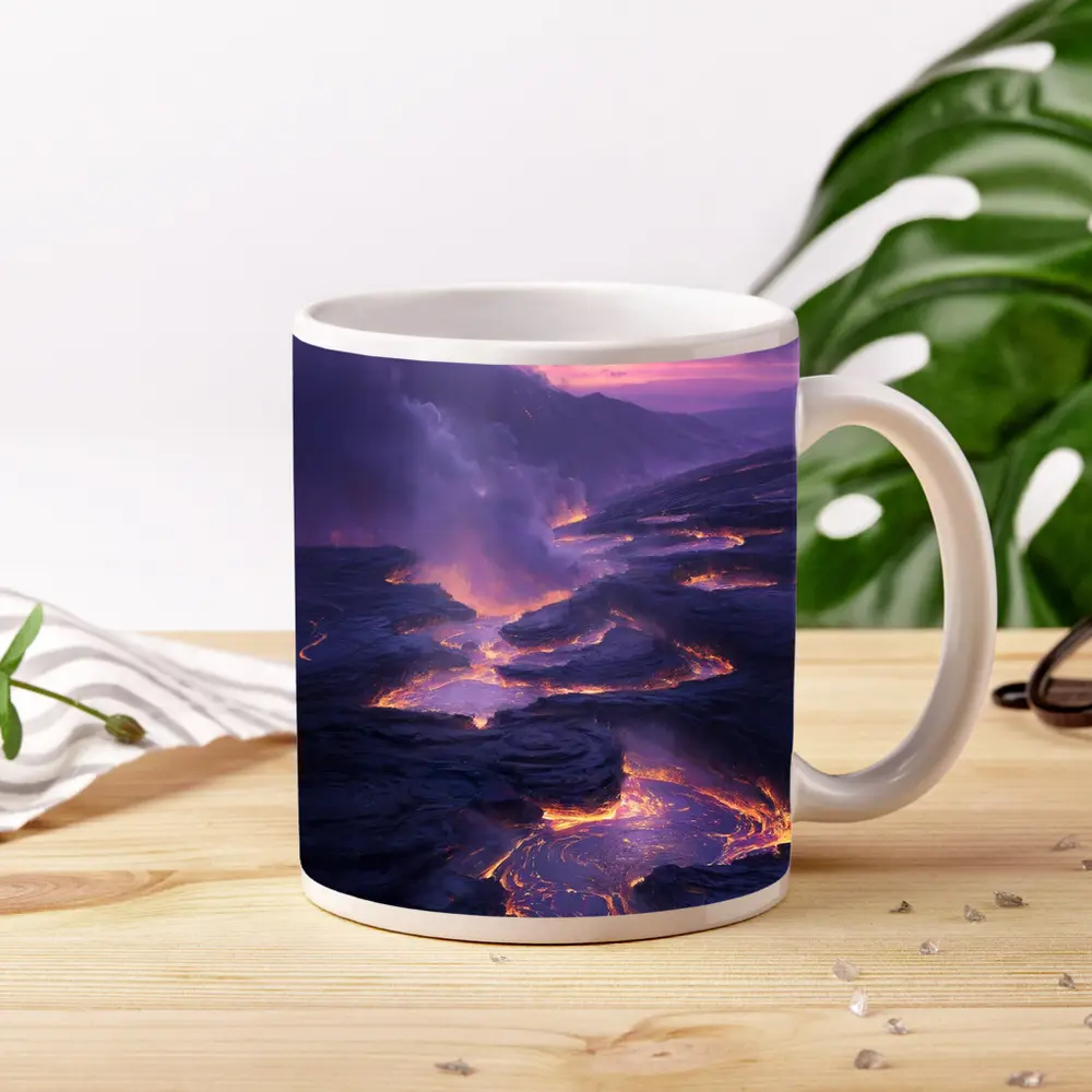 Glowing Lava Flow Purple Volcanic Landscape – Mugs