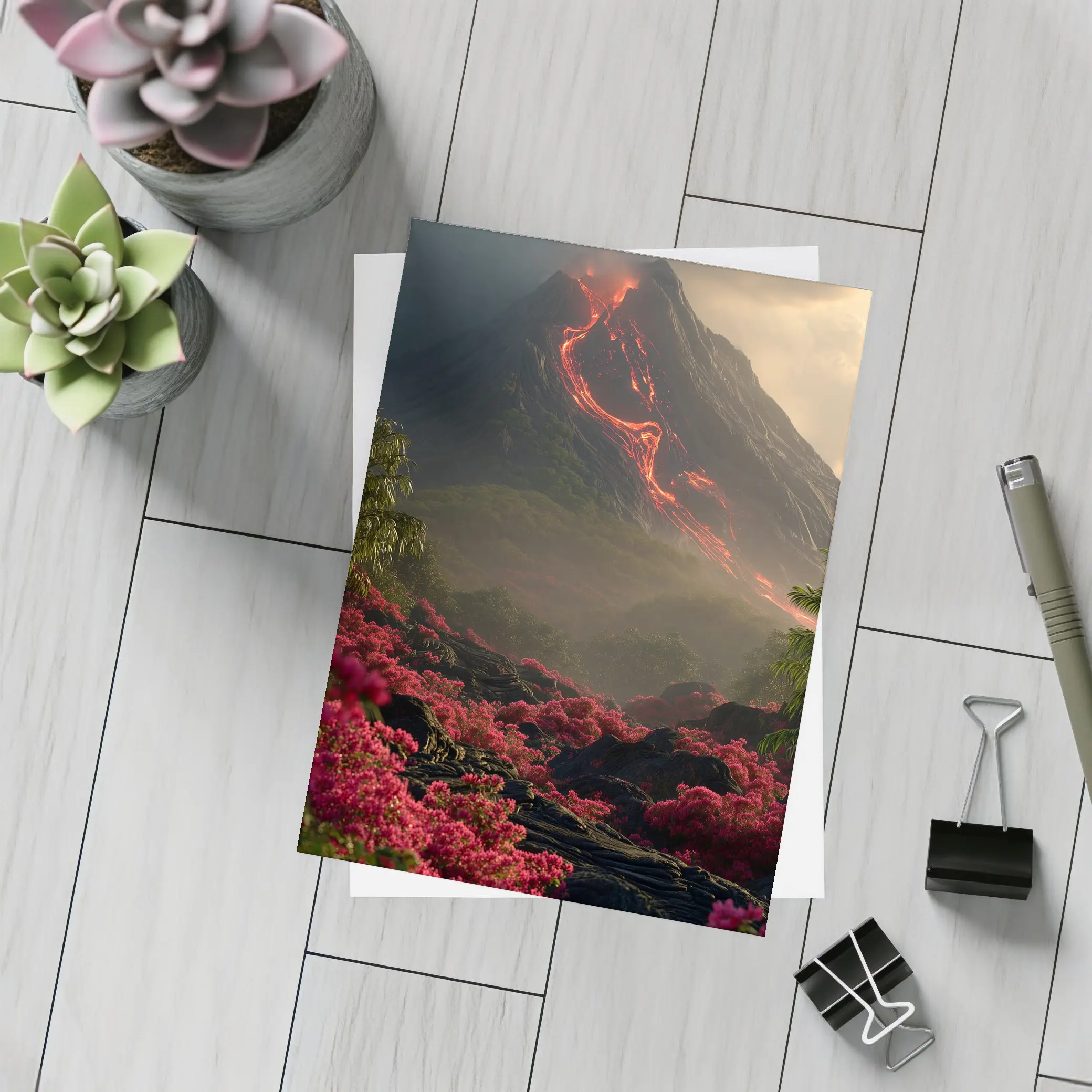 Erupting Volcano Lava Flow Tropical Flowers – Postcards