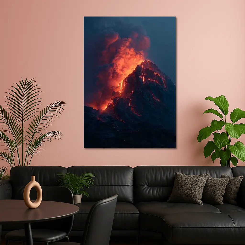 Erupting Volcano Glowing Lava Night Sky – Wall Art