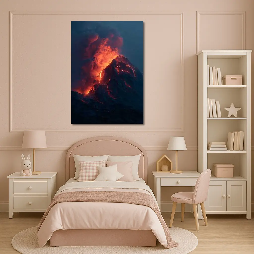 Erupting Volcano Glowing Lava Night Sky – Wall Art