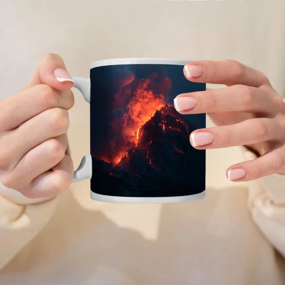 Erupting Volcano Glowing Lava Night Sky – Mugs