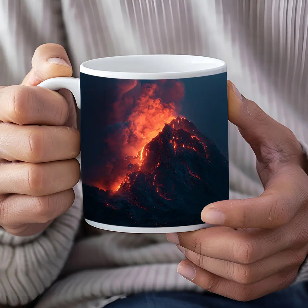 Erupting Volcano Glowing Lava Night Sky – Mugs