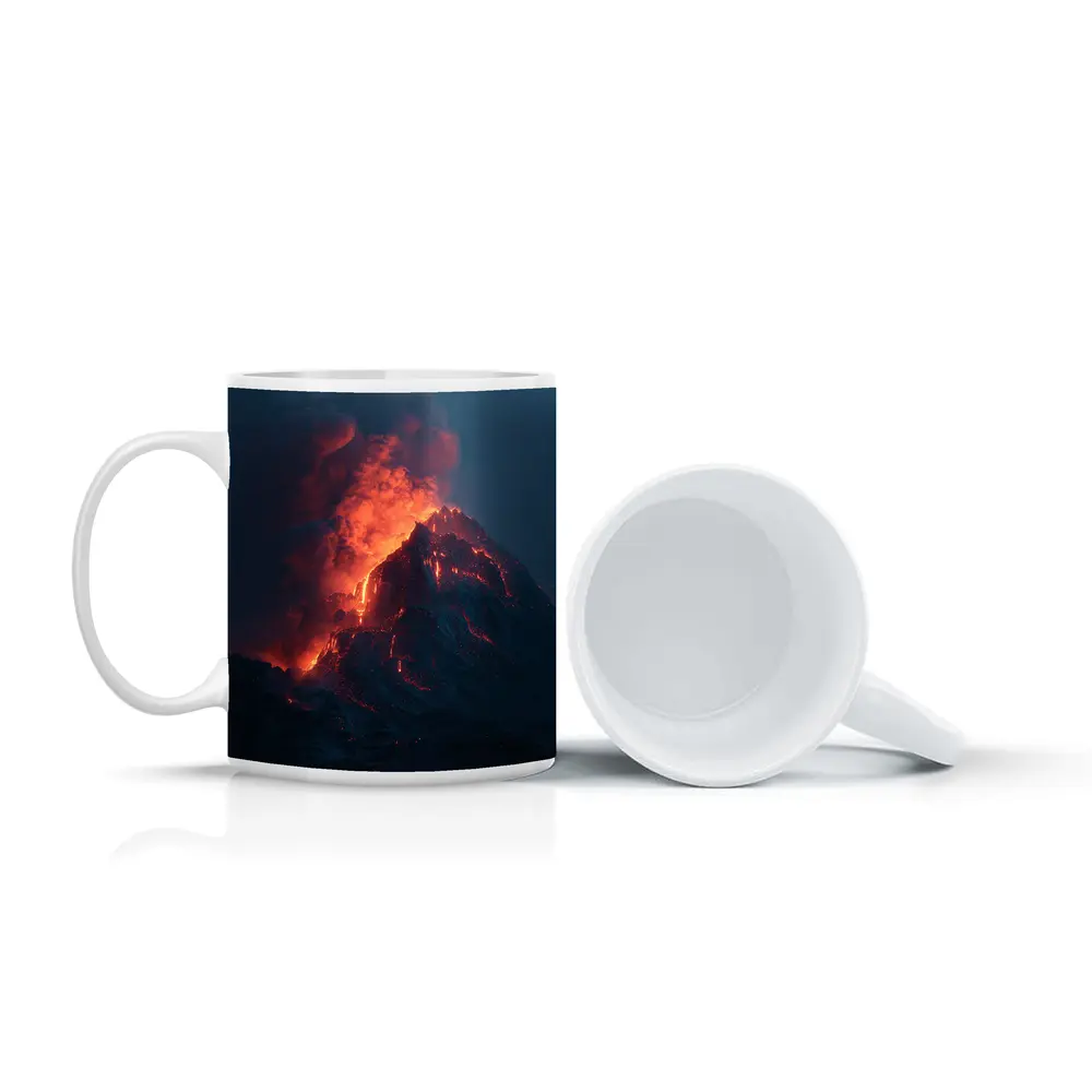 Erupting Volcano Glowing Lava Night Sky – Mugs