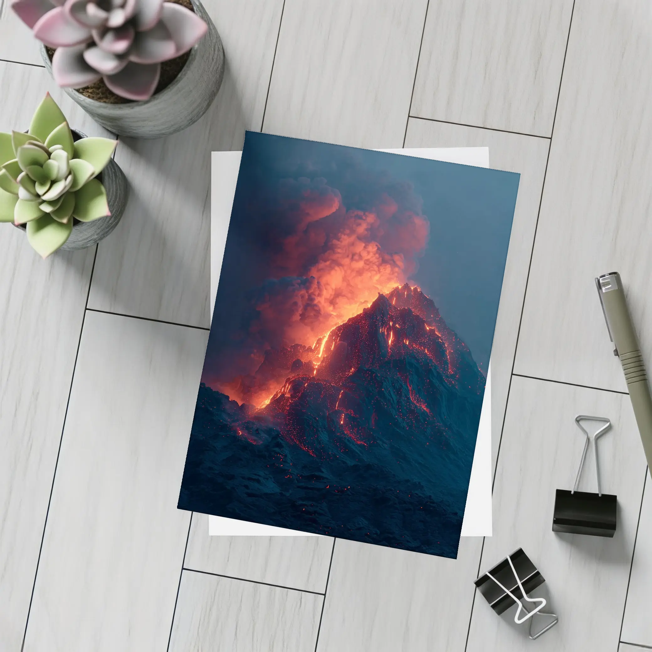 Erupting Volcano Glowing Lava Night Sky – Postcards