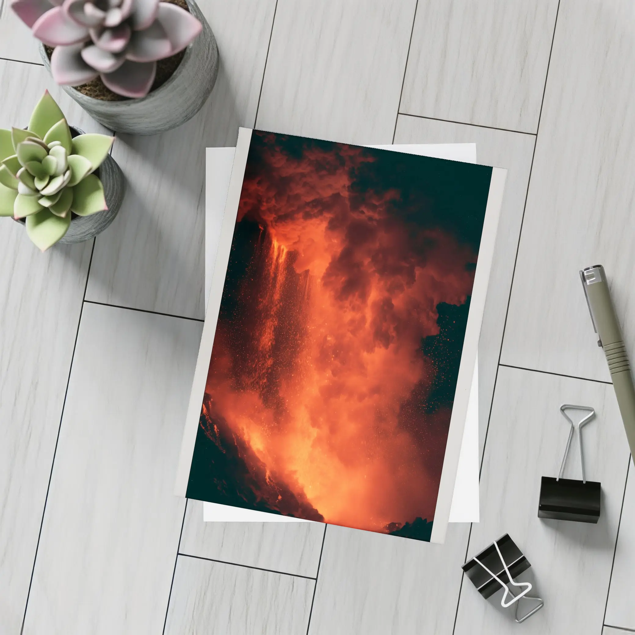 Volcanic Eruption Glowing Red Lava Night – Postcards