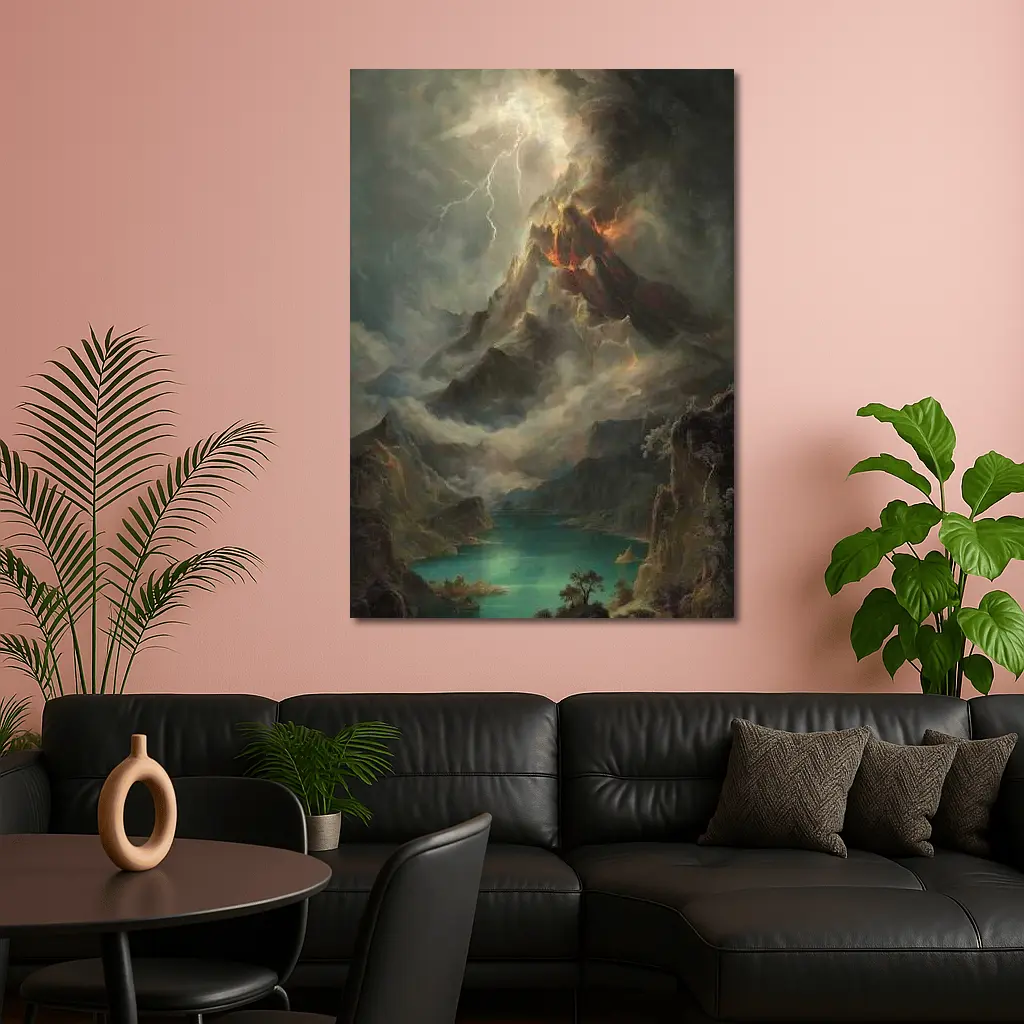 Volcano Lightning Storm Oil Painting Landscape – Wall Art