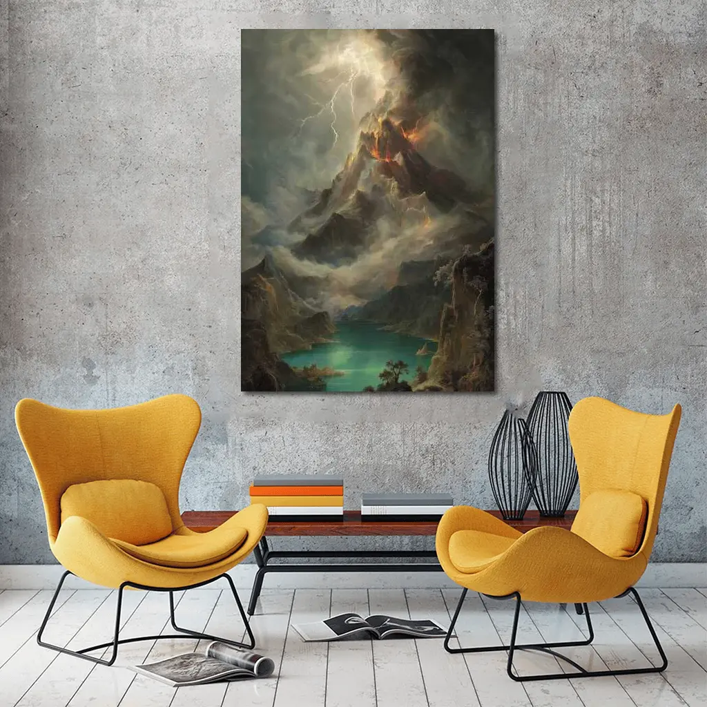 Volcano Lightning Storm Oil Painting Landscape – Wall Art