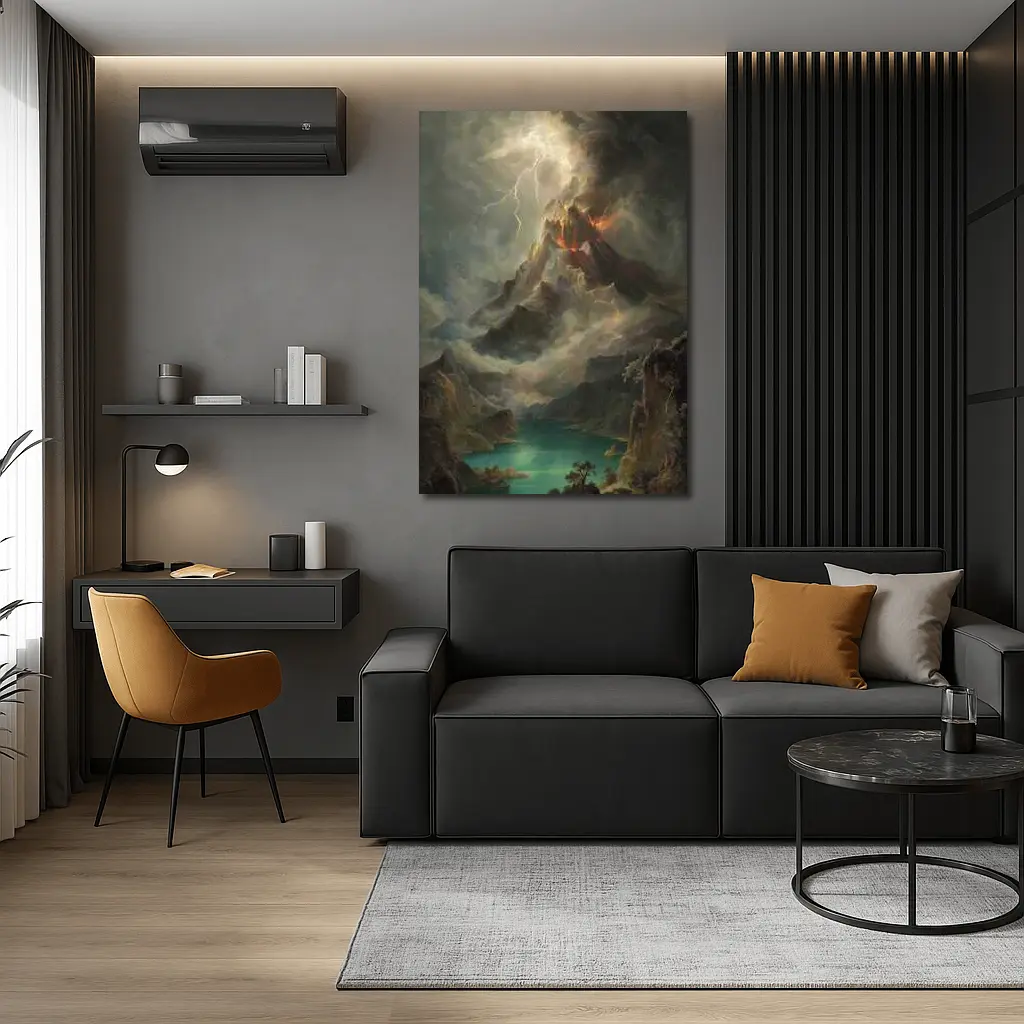 Volcano Lightning Storm Oil Painting Landscape – Wall Art