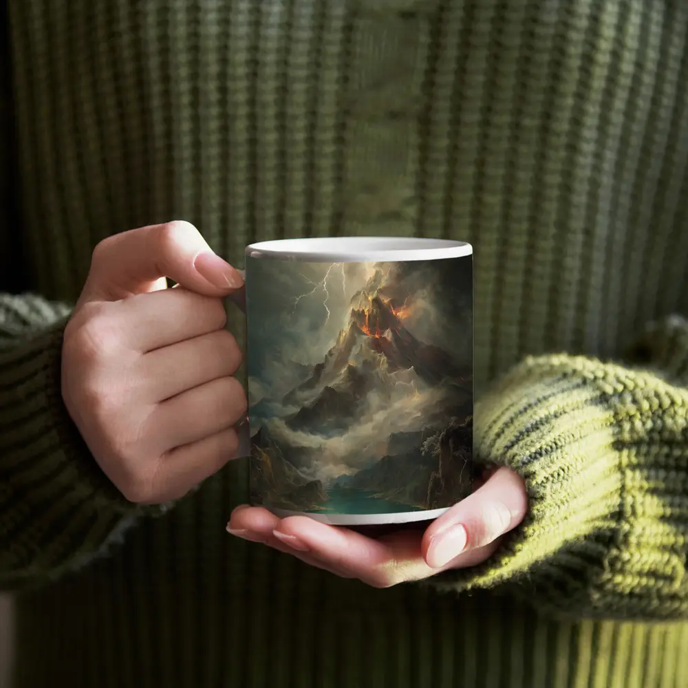 Volcano Lightning Storm Oil Painting Landscape – Mugs