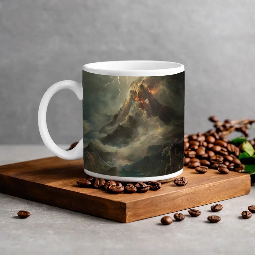 Volcano Lightning Storm Oil Painting Landscape – Mugs