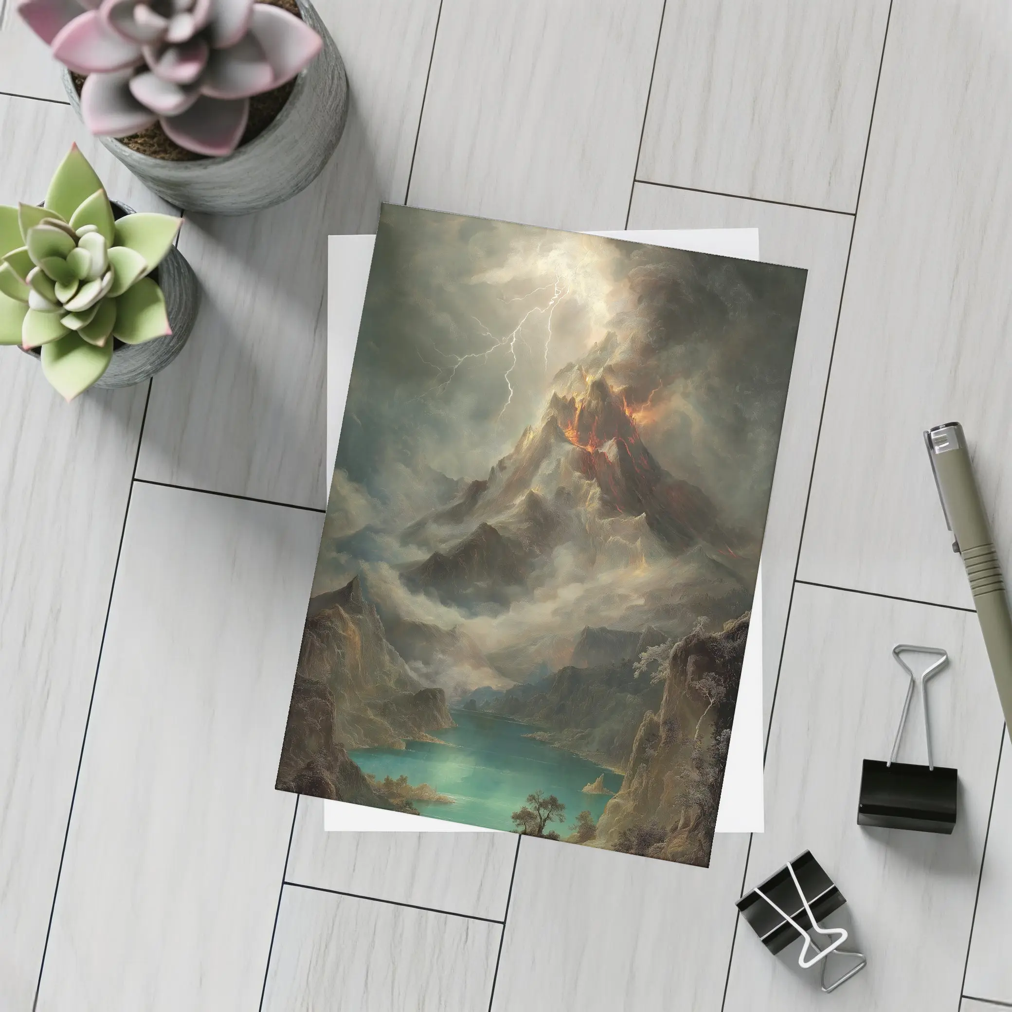 Volcano Lightning Storm Oil Painting Landscape – Postcards
