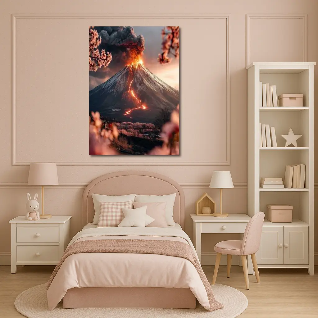 Erupting Volcano Cherry Blossoms Japan Landscape – Wall Art