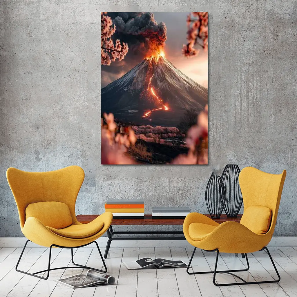 Erupting Volcano Cherry Blossoms Japan Landscape – Wall Art