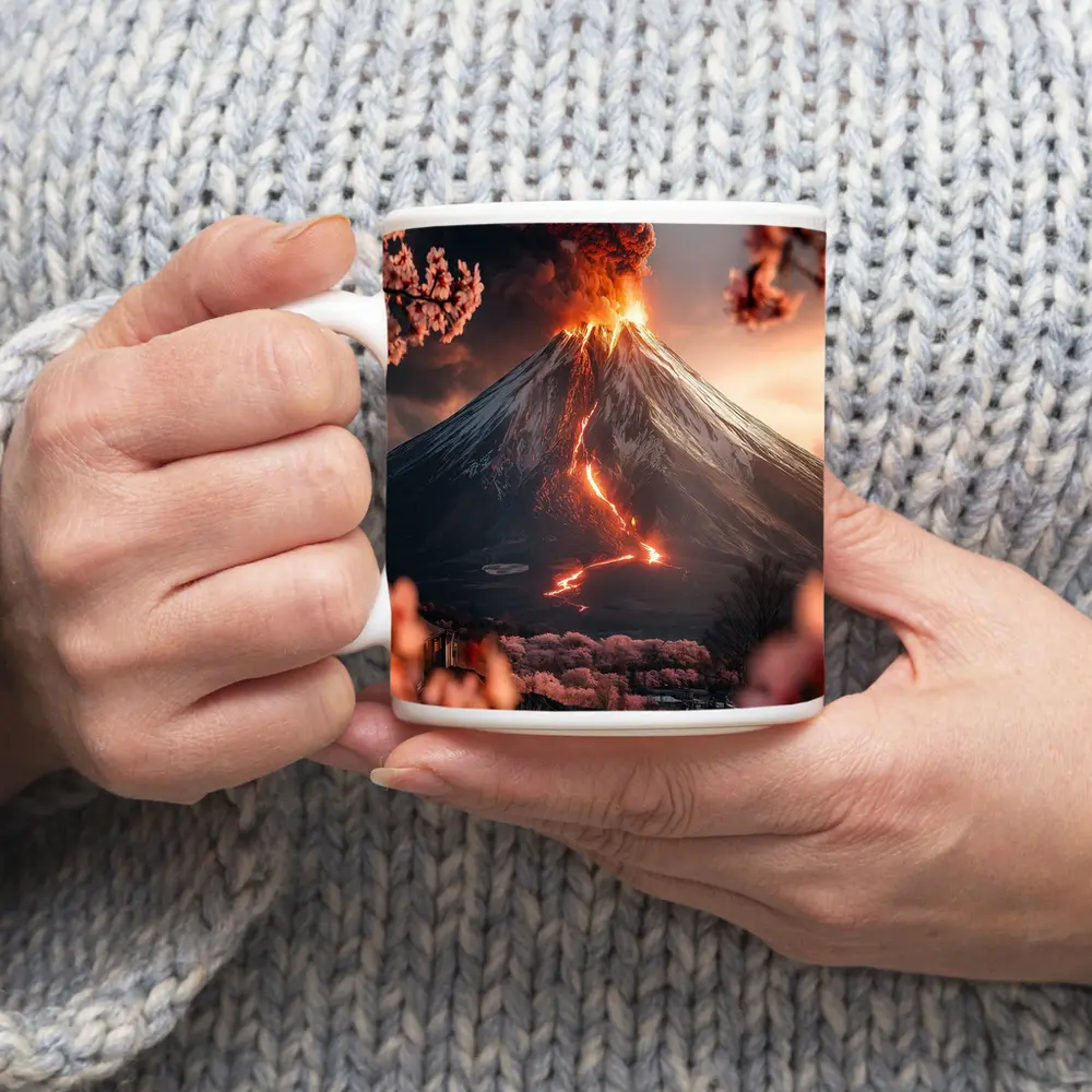 Erupting Volcano Cherry Blossoms Japan Landscape – Mugs