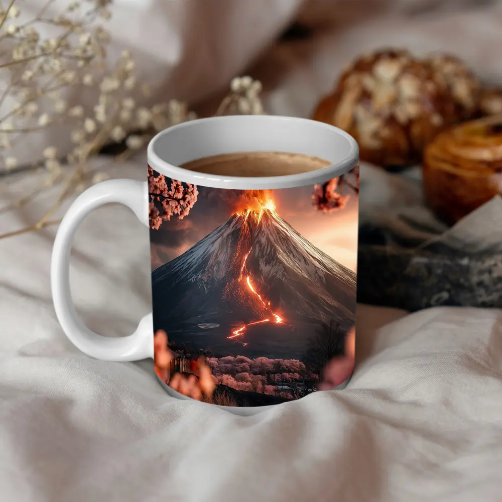 Erupting Volcano Cherry Blossoms Japan Landscape – Mugs