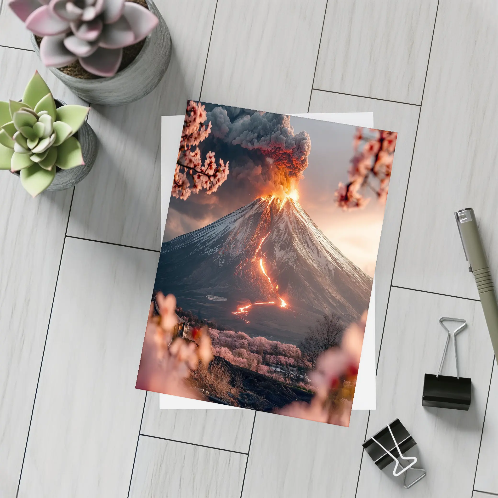 Erupting Volcano Cherry Blossoms Japan Landscape – Postcards