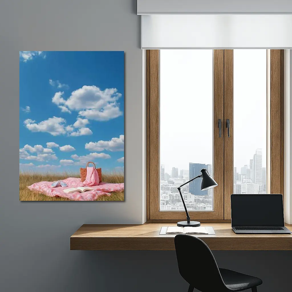 Pink Picnic Blanket Open Field Blue Sky – Wall Art