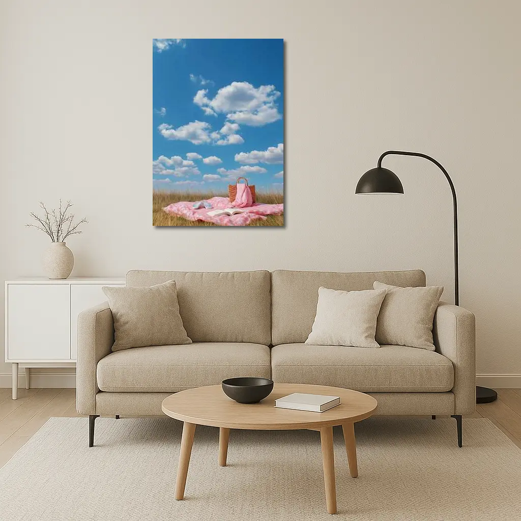 Pink Picnic Blanket Open Field Blue Sky – Wall Art