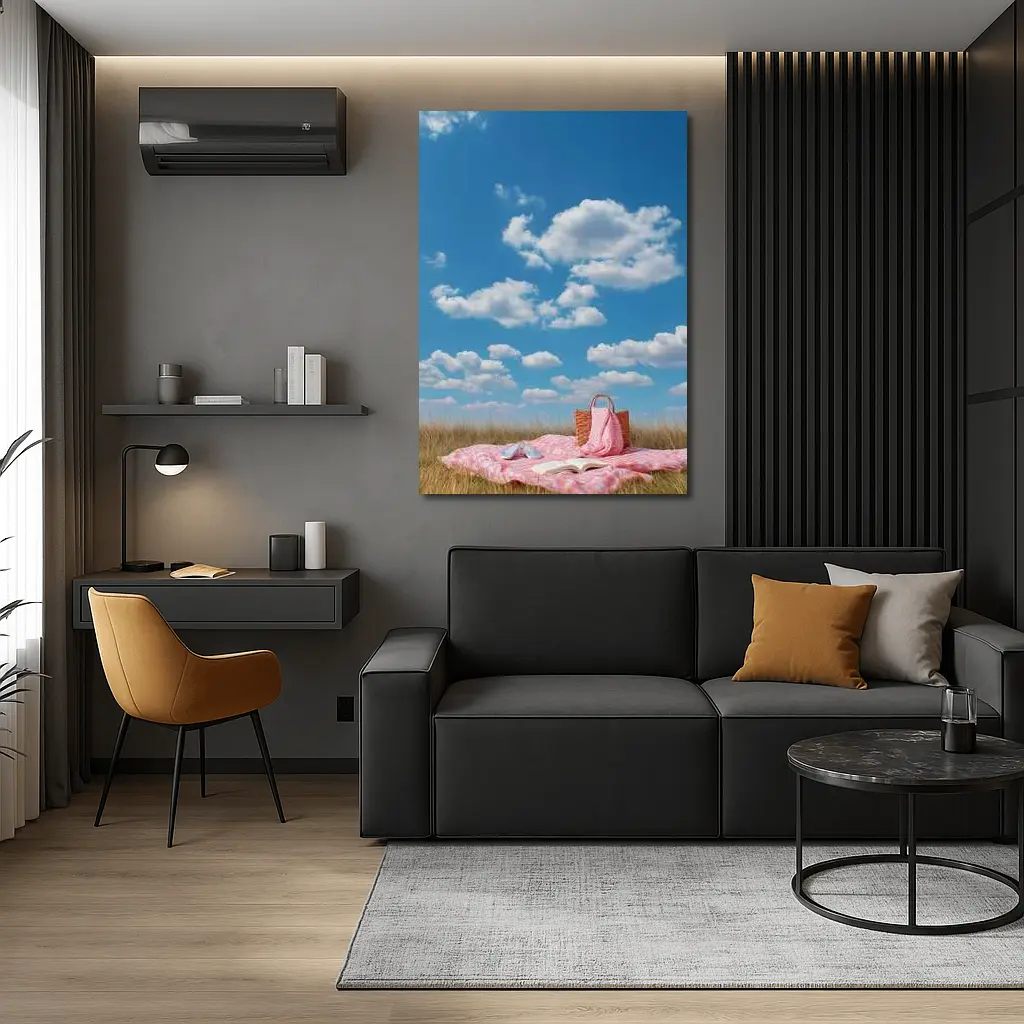 Pink Picnic Blanket Open Field Blue Sky – Wall Art