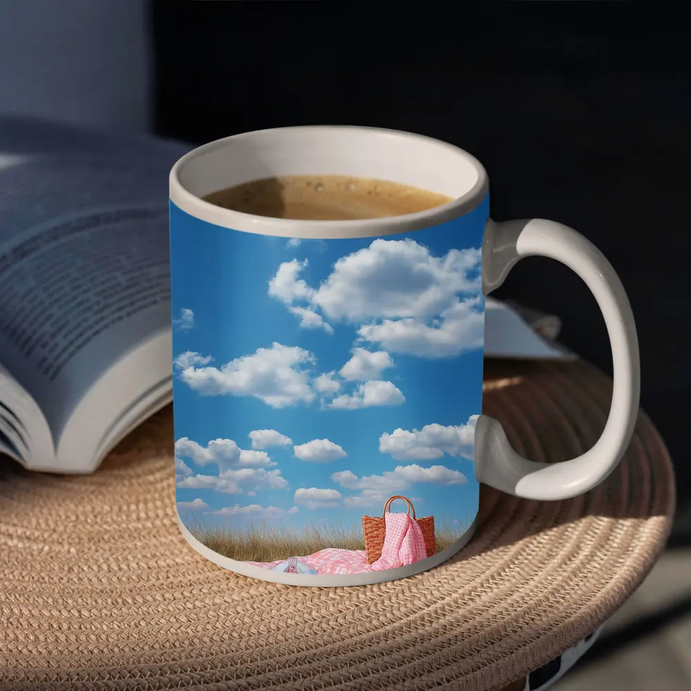 Pink Picnic Blanket Open Field Blue Sky – Mugs