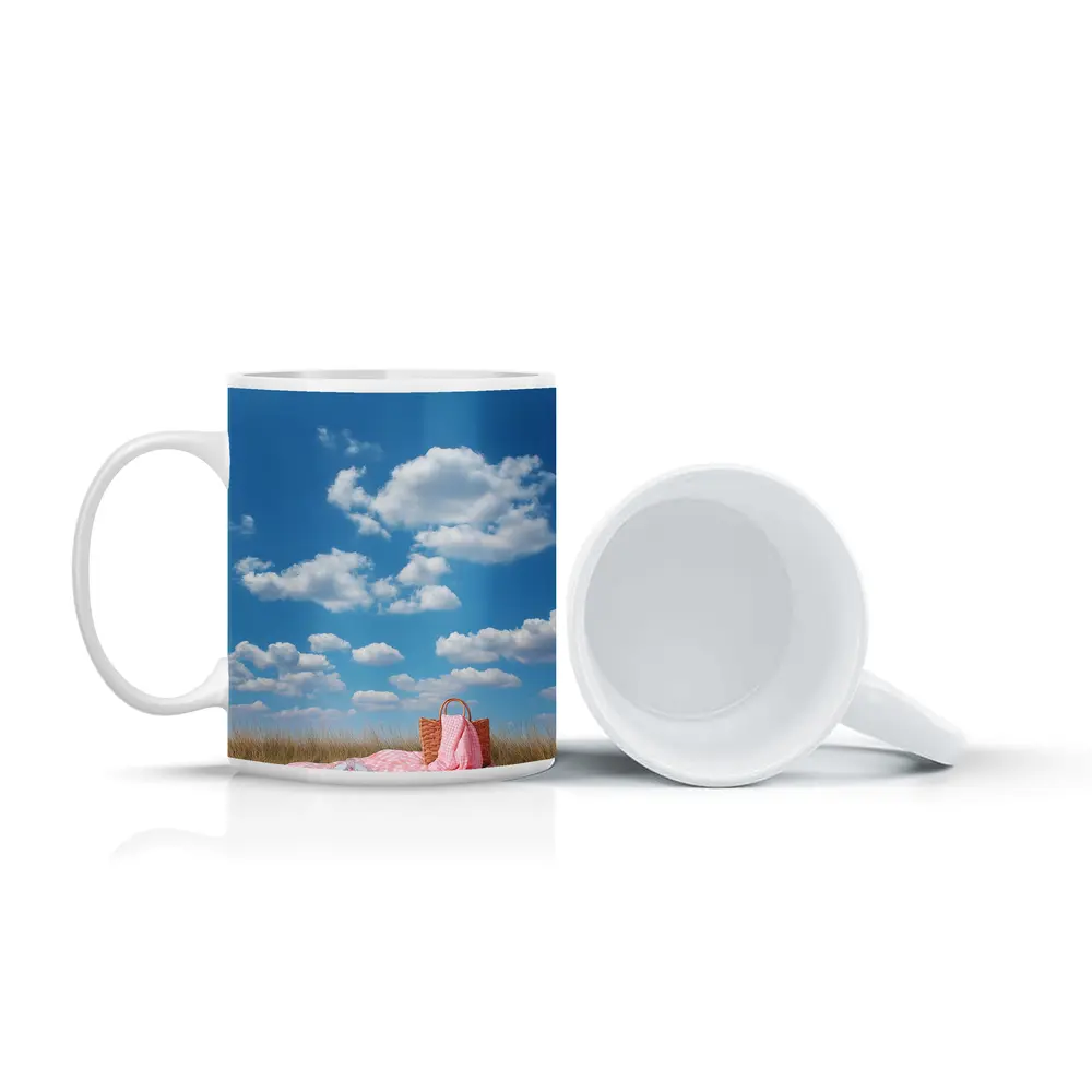 Pink Picnic Blanket Open Field Blue Sky – Mugs