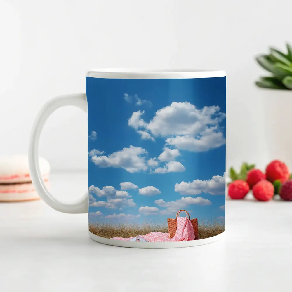 Pink Picnic Blanket Open Field Blue Sky – Mugs