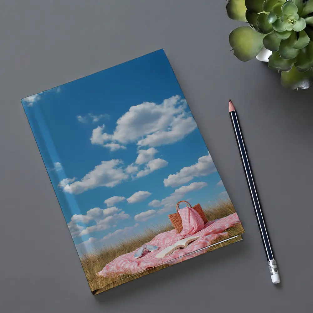 Pink Picnic Blanket Open Field Blue Sky – Notebooks