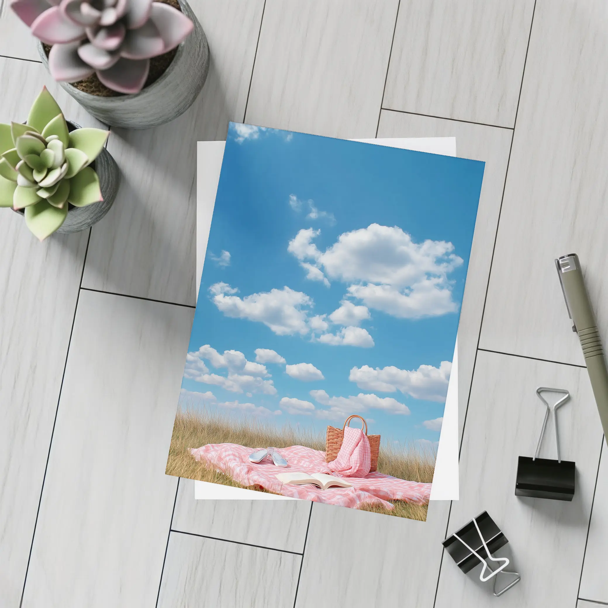 Pink Picnic Blanket Open Field Blue Sky – Postcards
