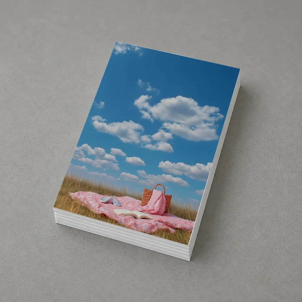 Pink Picnic Blanket Open Field Blue Sky – Postcards