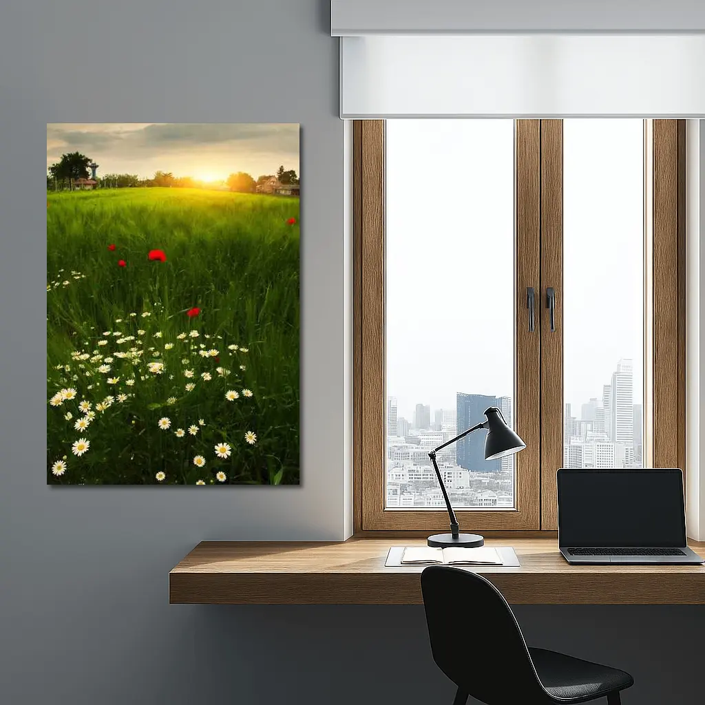 Daisy And Poppy Field Golden Sunset – Wall Art