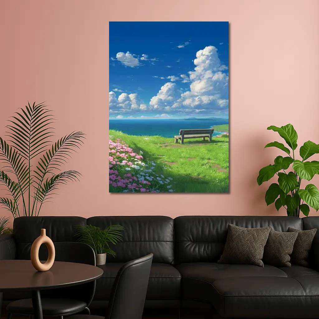 Anime Coastal Bench Scene Blue Sky – Wall Art