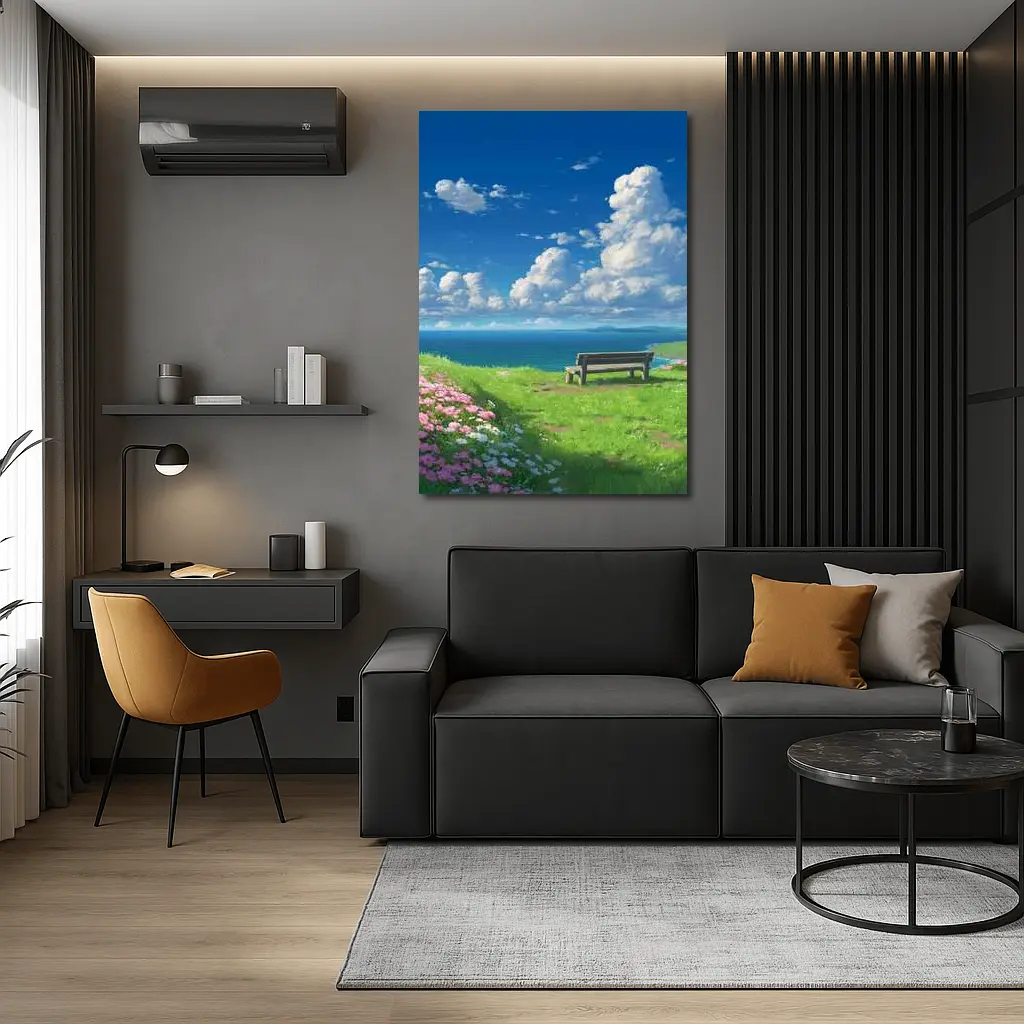 Anime Coastal Bench Scene Blue Sky – Wall Art
