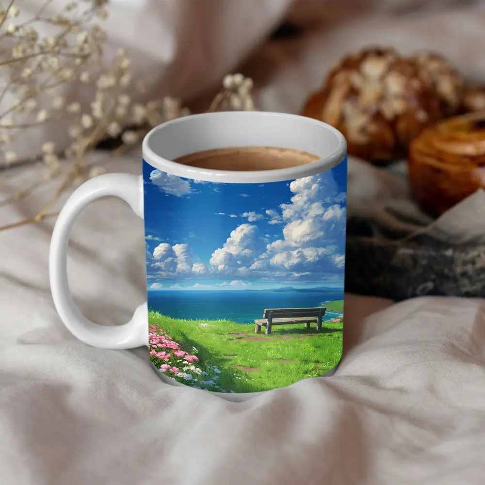 Anime Coastal Bench Scene Blue Sky – Mugs