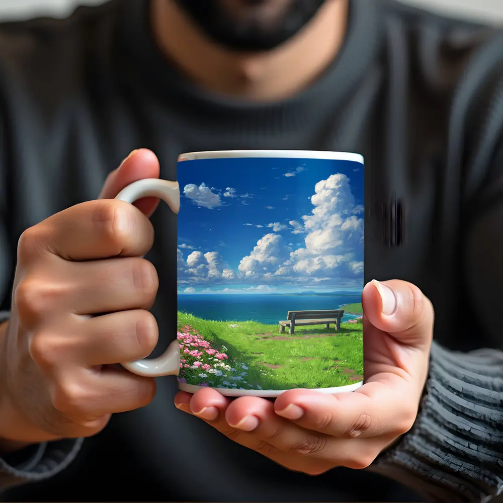 Anime Coastal Bench Scene Blue Sky – Mugs