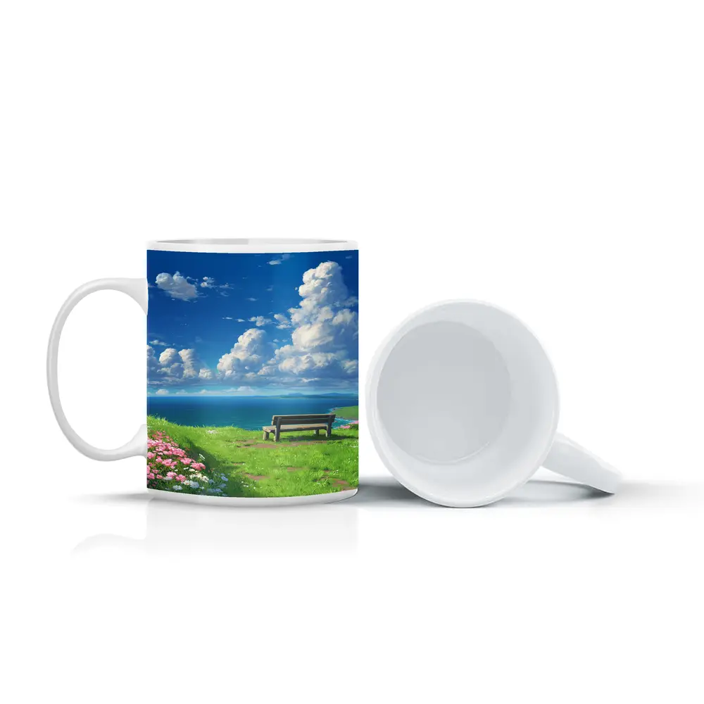 Anime Coastal Bench Scene Blue Sky – Mugs